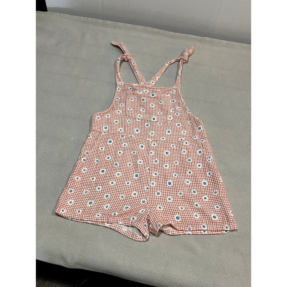 SO Tie Shoulder Shortalls Floral Orange Gingham Juniors Medium Shorts Overalls